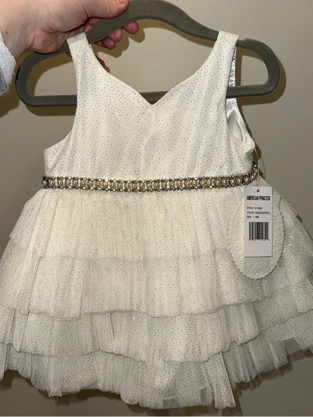 American Princess Dress with Gold Sparkle and Pearl Trim